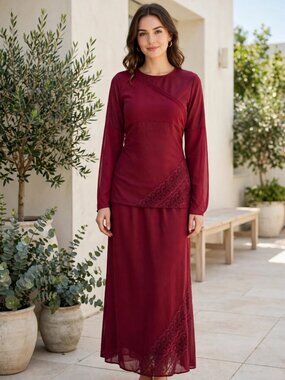 Women's Maroon Two-Piece Set Long Sleeve Top and Long Skirt Size M
